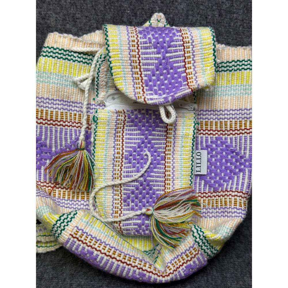 Lillo Artesanias Woven Mini Backpack Purple Cream Boho Tassel Drawstring Bag
